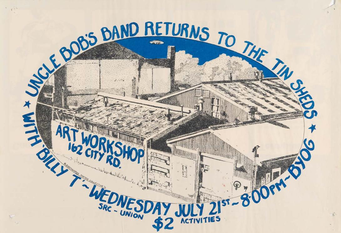 Artwork Uncle Bob's Band returns to the Tin Sheds this artwork made of Screenprint on paper (verso, AUS Insurance Student plan poster), created in 1976-01-01