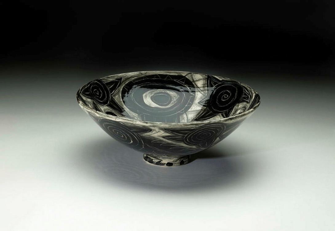 Artwork Bowl this artwork made of Earthenware, wheelthrown white clay with underglaze black decoration and clear glaze, created in 1992-01-01