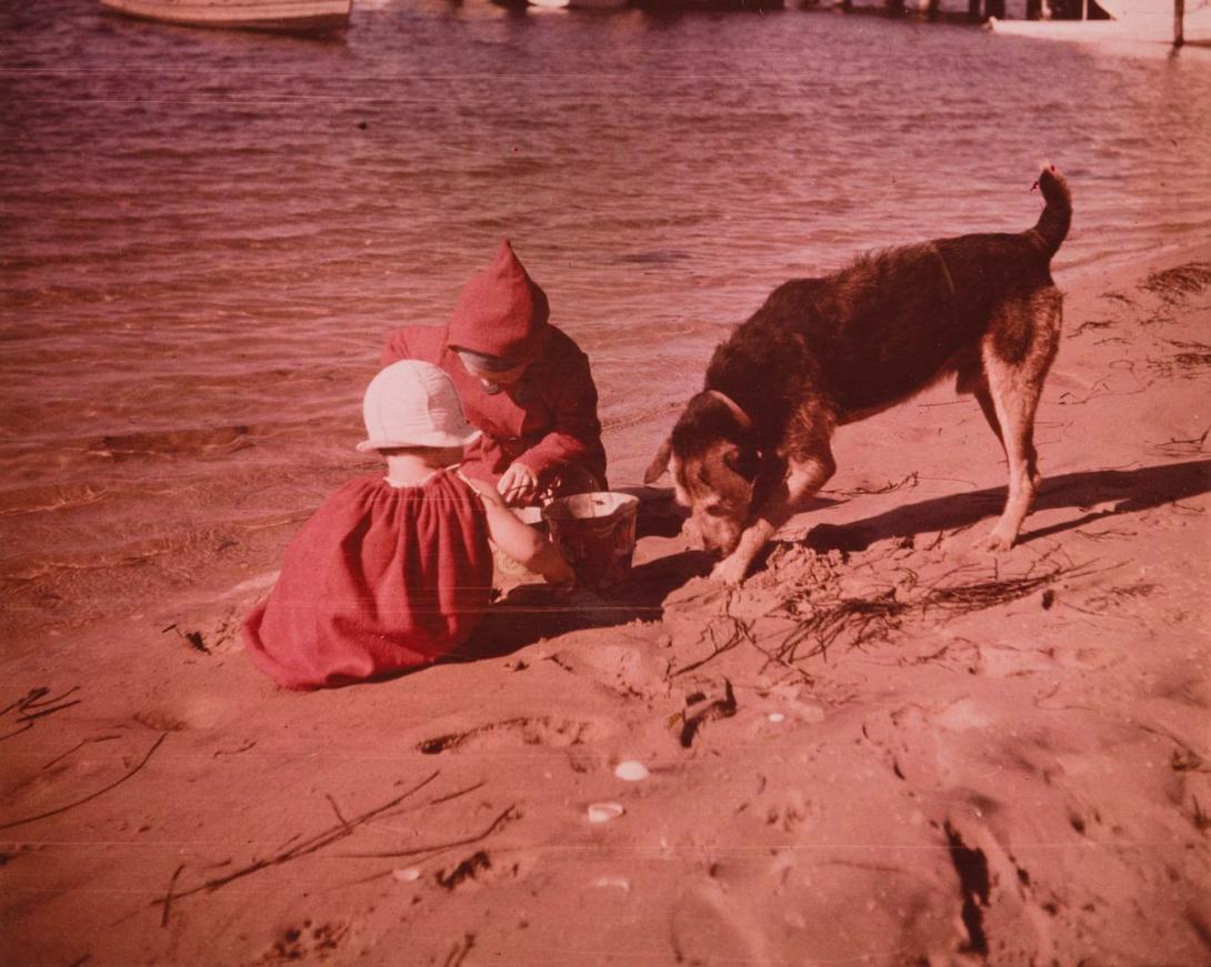 Artwork (Two small girls in red, making sand castles, with a dog) this artwork made of Type C photograph on paper, created in 1935-01-01