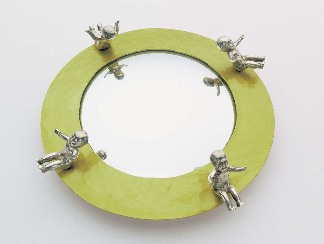 Artwork Brooch, 'babies' this artwork made of Anodised aluminium, cast sterling silver and convex mirror, created in 1989-01-01