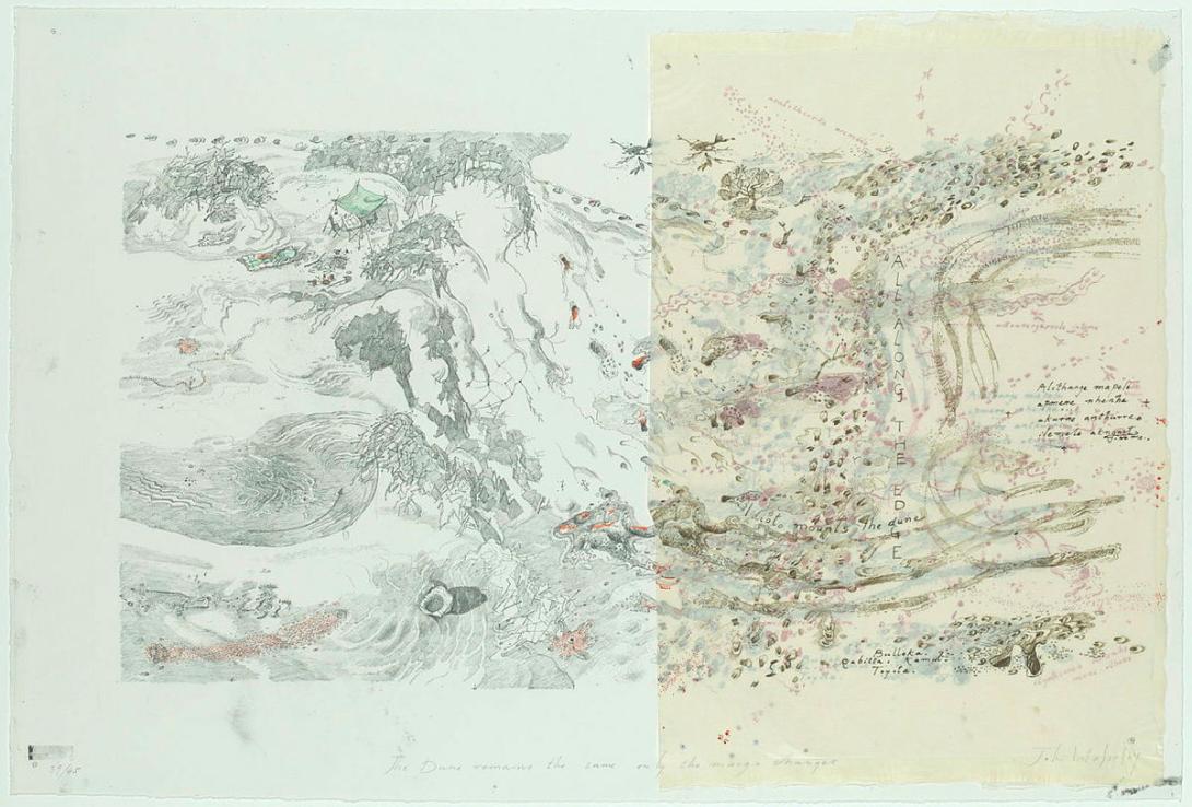 Artwork The dune remains the same only the margin changes (from 'The Simpson Desert survey' series) this artwork made of Lithograph with overlay on paper, created in 1992-01-01