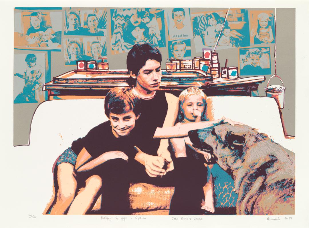Artwork Bridging the gap - 10 yrs on.  Jake, Bruno and Jessie (from 'Kids' series) this artwork made of Photo-screenprint on paper, created in 1986-01-01