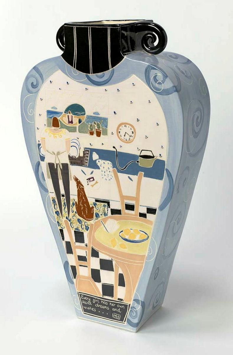 Artwork Vase:  Every girl has her own secret dreams this artwork made of Earthenware, slab built with polychrome slip decorations and glazes under clear glaze, created in 1993-01-01