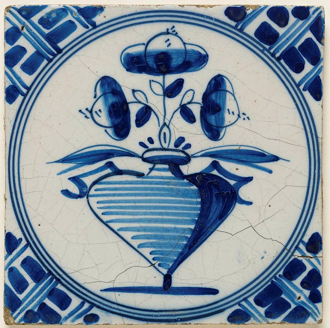 Artwork Tile:  (Flower vase with wan-li decoration) this artwork made of Earthenware, slab rolled and tin glazed with cobalt decoration, created in 1700-01-01