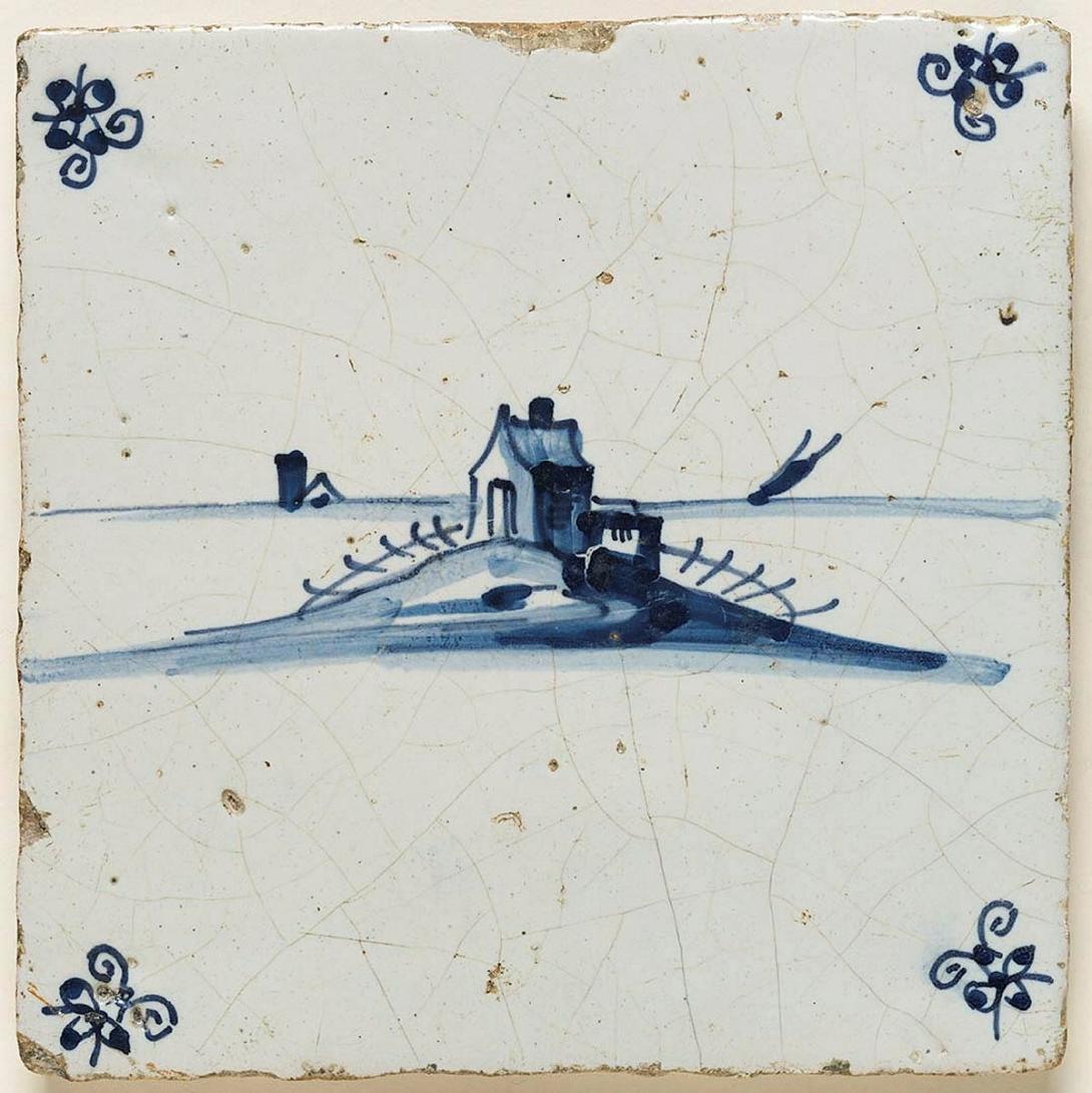 Artwork Tile:  (Sparse landscape with building and boats and 'spider-bee' motif) this artwork made of Earthenware, slab rolled and tin glazed with cobalt decoration, created in 1700-01-01