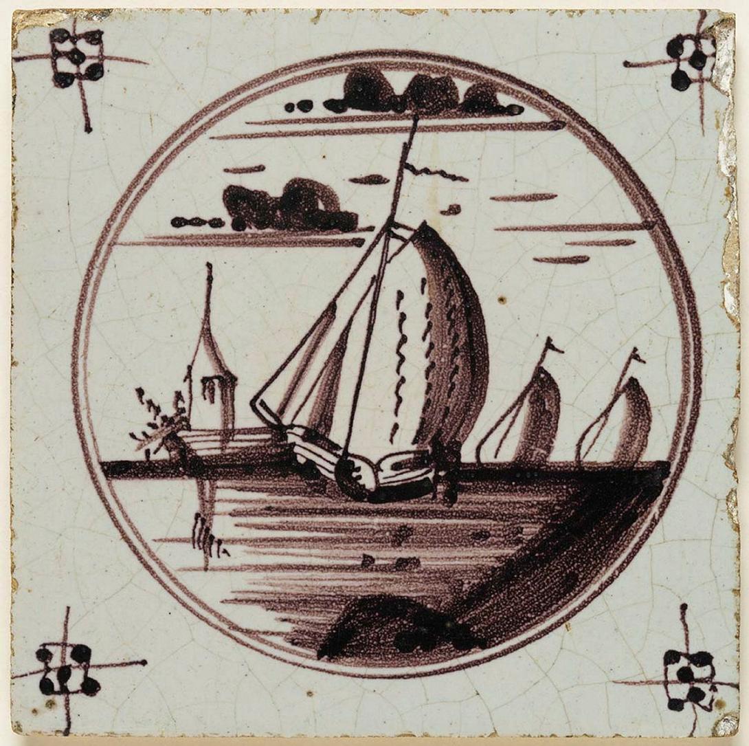 Artwork Tile:  (Boat on the water with bee motif) this artwork made of Earthenware, slab rolled and tin glazed with manganese decoration, created in 1700-01-01