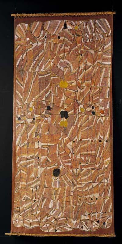 Artwork Mardayin and wongkurr (Sacred objects and dilly bags) this artwork made of Natural pigments on bark, created in 1994-01-01