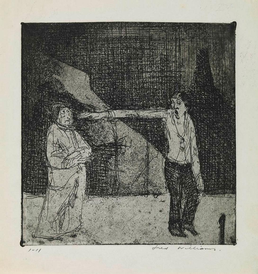 Artwork Mountebank accusing his mother (from 'Music hall' series) this artwork made of Etching and aquatint on paper, created in 1955-01-01