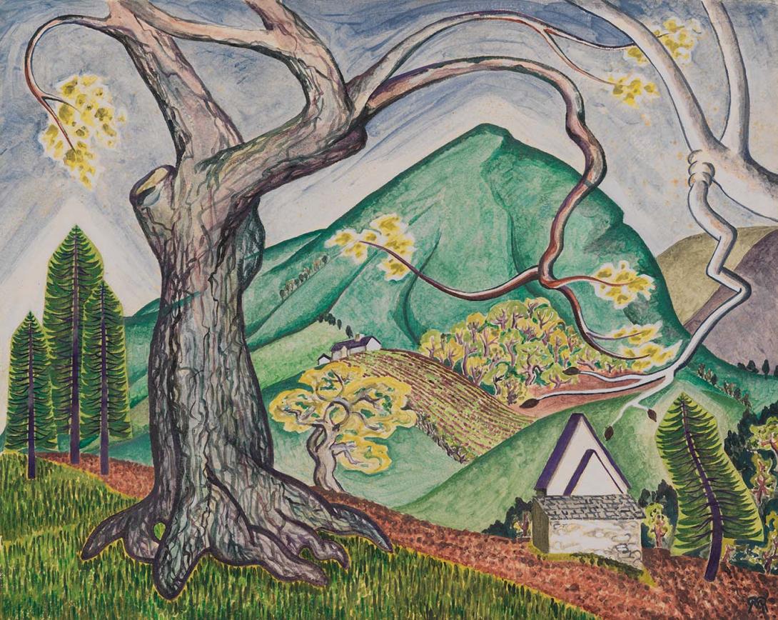 Artwork Welsh landscape this artwork made of Pastel and watercolour on paper, created in 1949-01-01