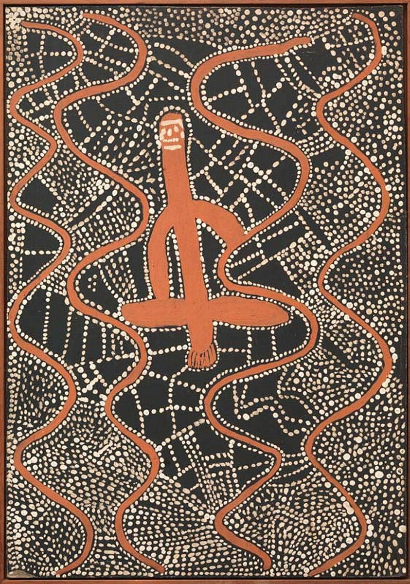 Artwork Ceremonial snake story this artwork made of Synthetic polymer paint on board, created in 1972-01-01