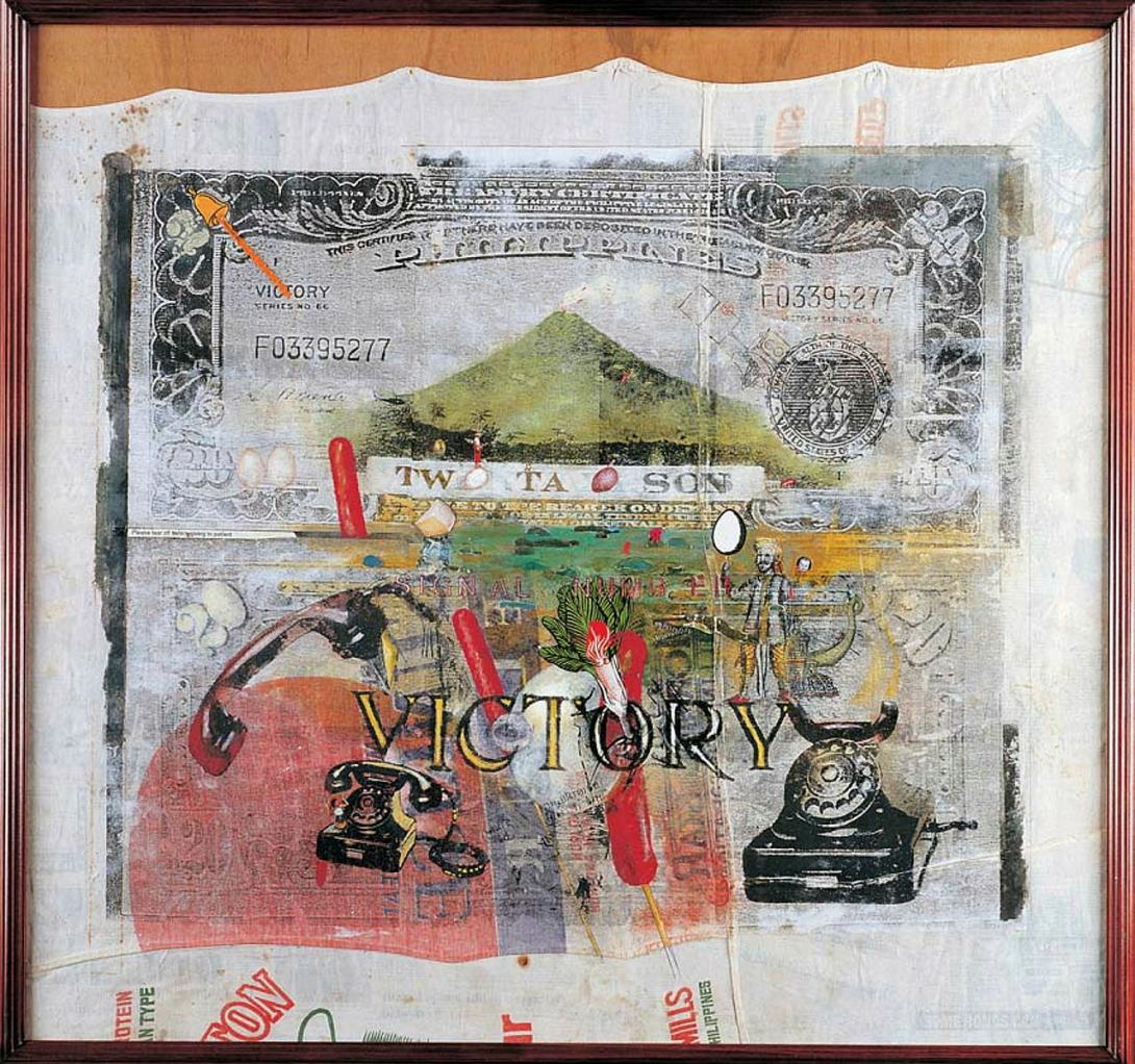 Artwork Victory this artwork made of Screenprint with collage on sackcloth bonded to board, created in 1994-01-01