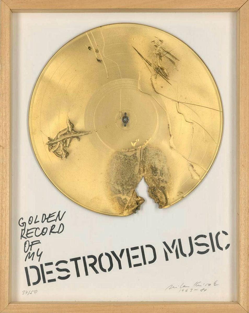 Artwork Destroyed music this artwork made of Vinyl record, gold paint and black ink on board in boxed frame, created in 1963-01-01