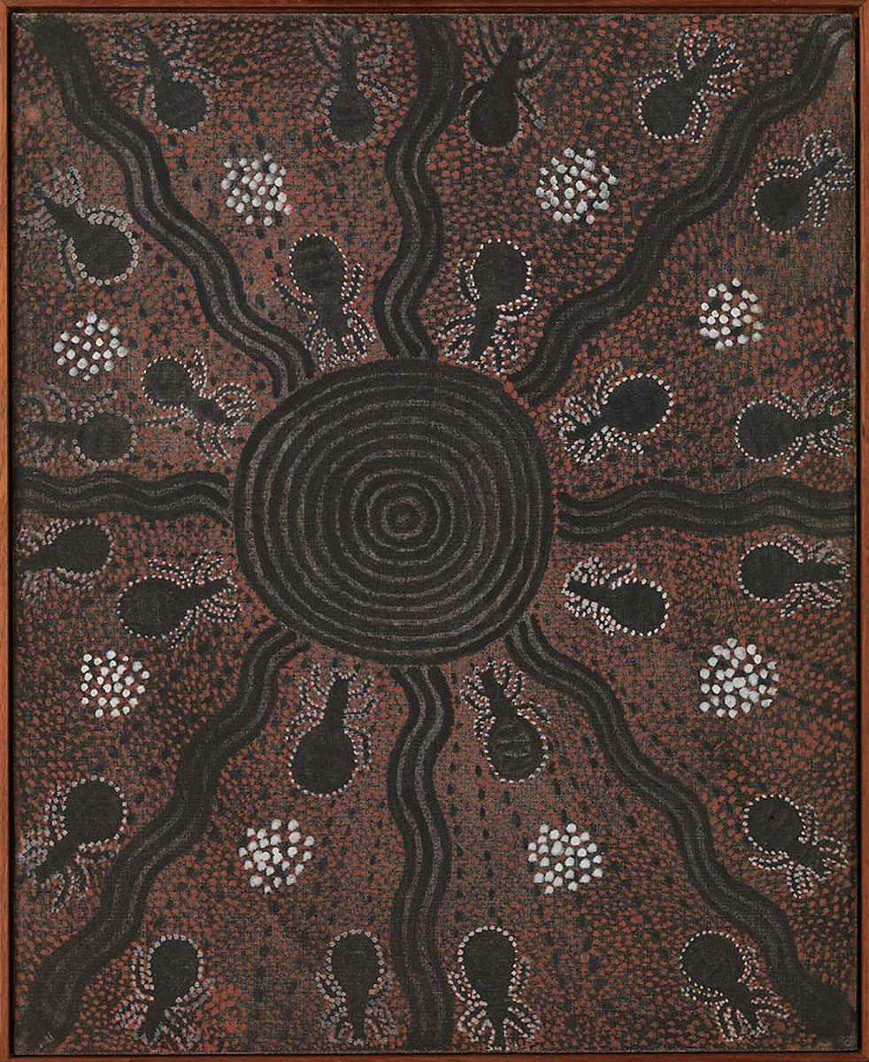 Artwork Honey Ant Dreaming (Papunya story) this artwork made of Synthetic polymer paint on canvas board, created in 1971-01-01