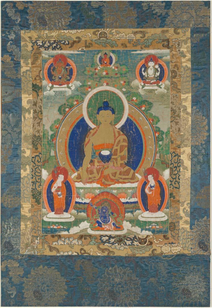 Artwork Tanka:  Seated Tara this artwork made of Pigment on textile with gilt and textile mount, created in 1800-01-01