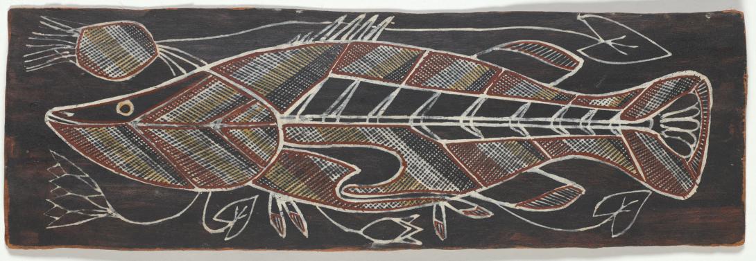 Artwork Barramundi from Bulkay this artwork made of Natural pigments on bark, created in 1994-01-01