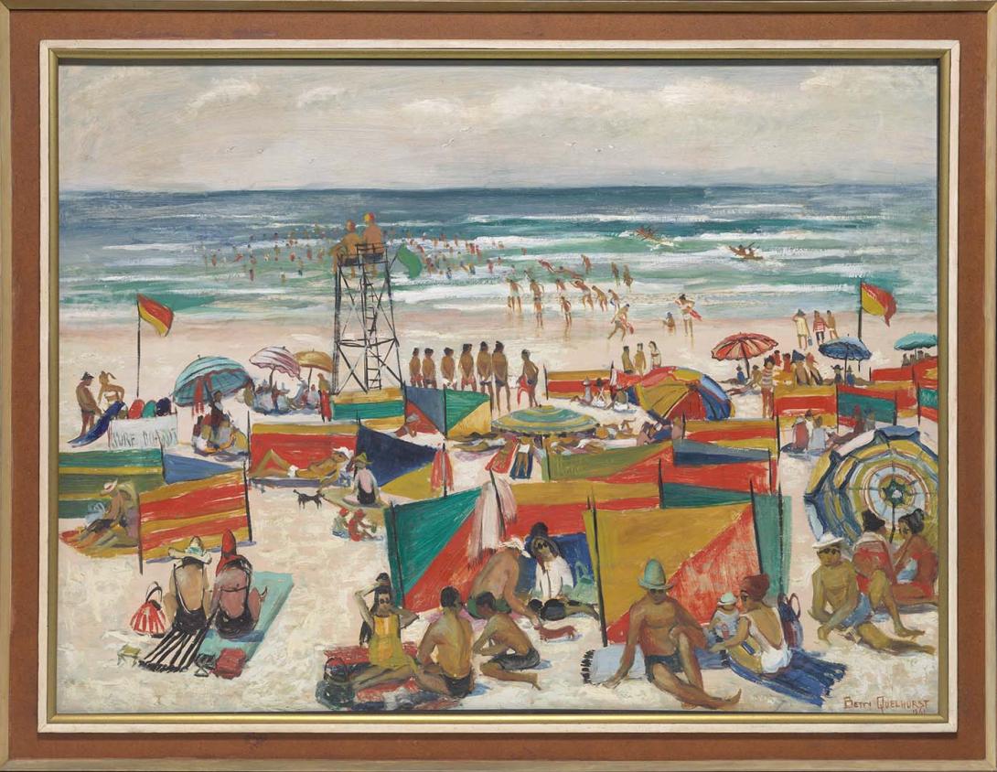 Artwork Winter sun - Surfers Paradise Beach this artwork made of Oil on board, created in 1961-01-01