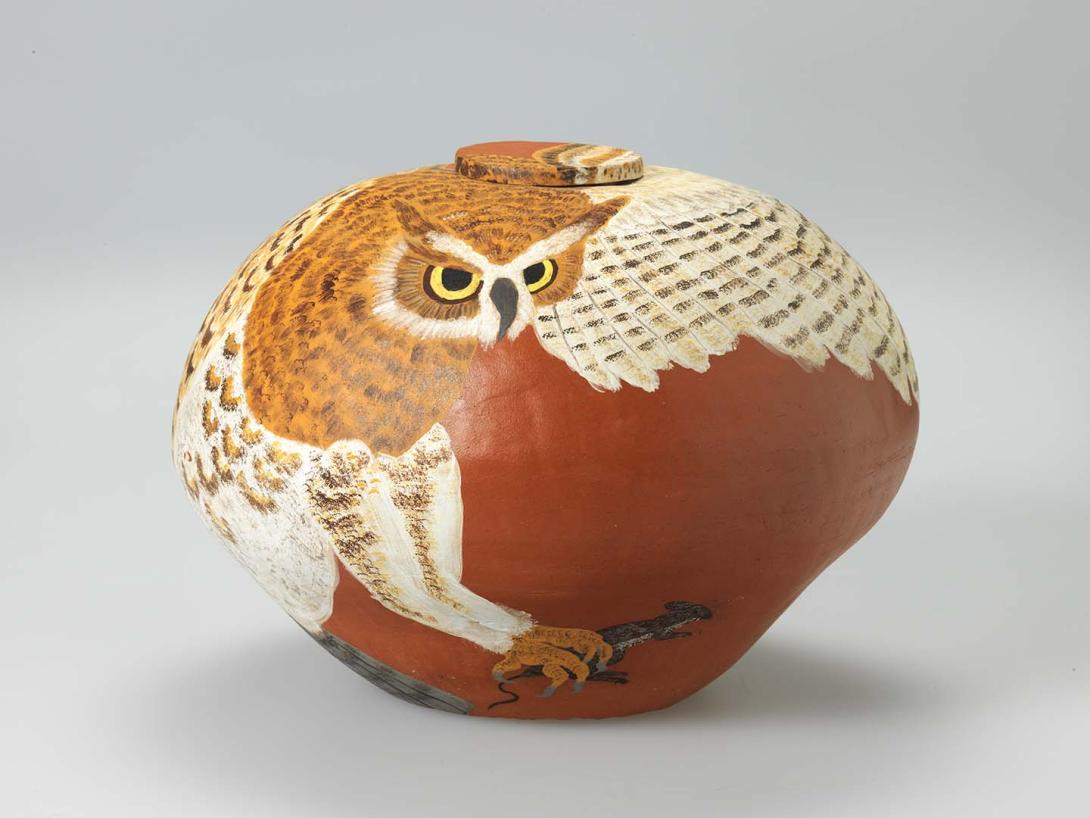 Artwork Owl this artwork made of Earthenware, hand-built terracotta clay with underglaze colours and synthetic polymer paint