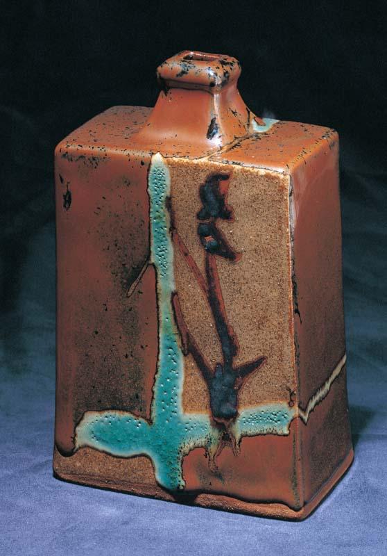 Artwork Rectangular bottle this artwork made of Stoneware with brushwork and brown and turquoise glaze, created in 1971-01-01