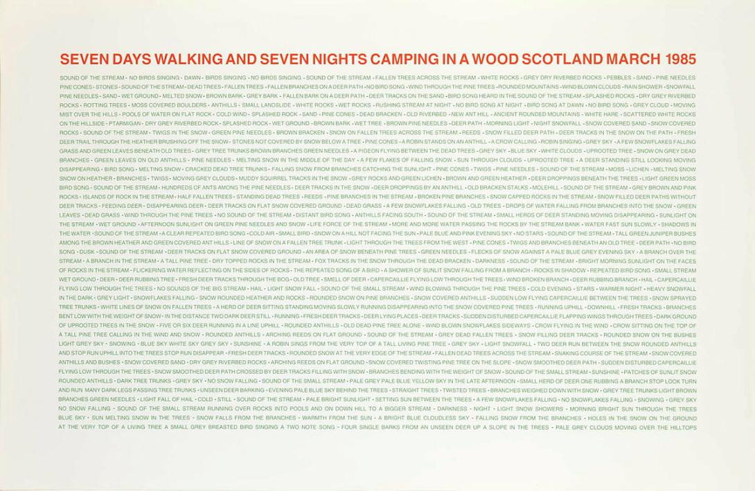 Artwork Seven days walking and seven nights camping in a wood Scotland.  (One walk, March 1985) (from 'Ten toes towards the rainbow' portfolio) this artwork made of Screenprint on paper, created in 1993-01-01