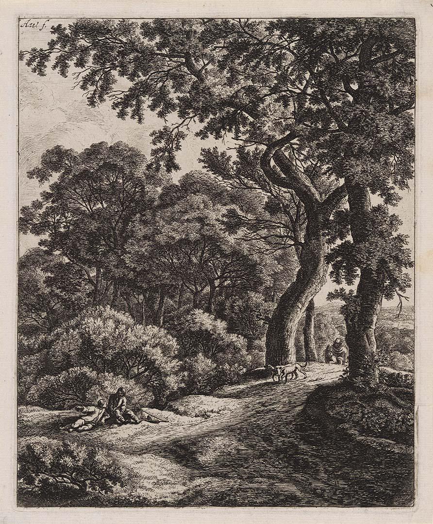 Artwork Two travellers resting in a wood (from ‘Six large upright landscapes’ series) this artwork made of Etching on paper, created in 1640-01-01