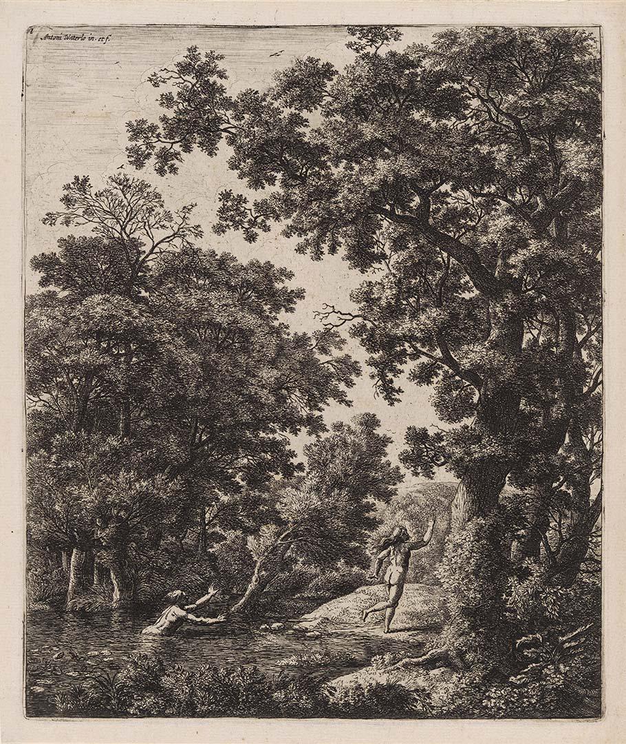 Artwork Landscape with Alpheus and Arethusa (from 'Six large upright landscapes with scenes from Ovid's Metamorphoses' series) this artwork made of Etching on paper, created in 1640-01-01