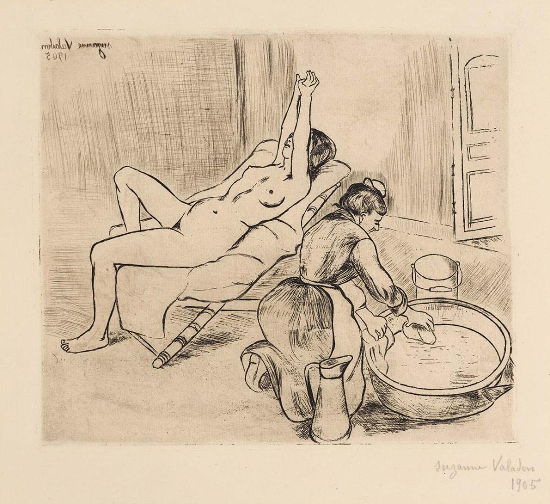 Artwork Adèle préparant le tub et Ketty aux bras levés (Adele prepares the bath and Ketty has arms raised) this artwork made of Etching on paper, created in 1905-01-01