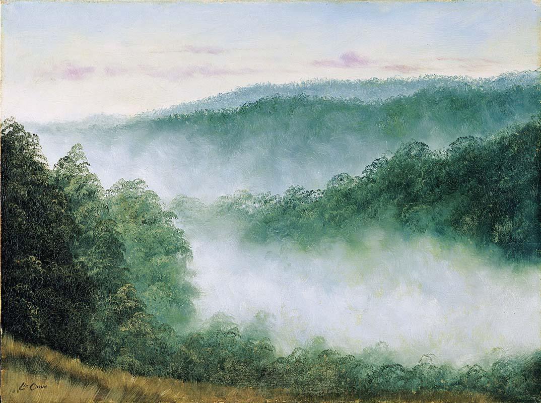 Artwork Menzies Creek mists this artwork made of Oil on canvas board, created in 1972-01-01
