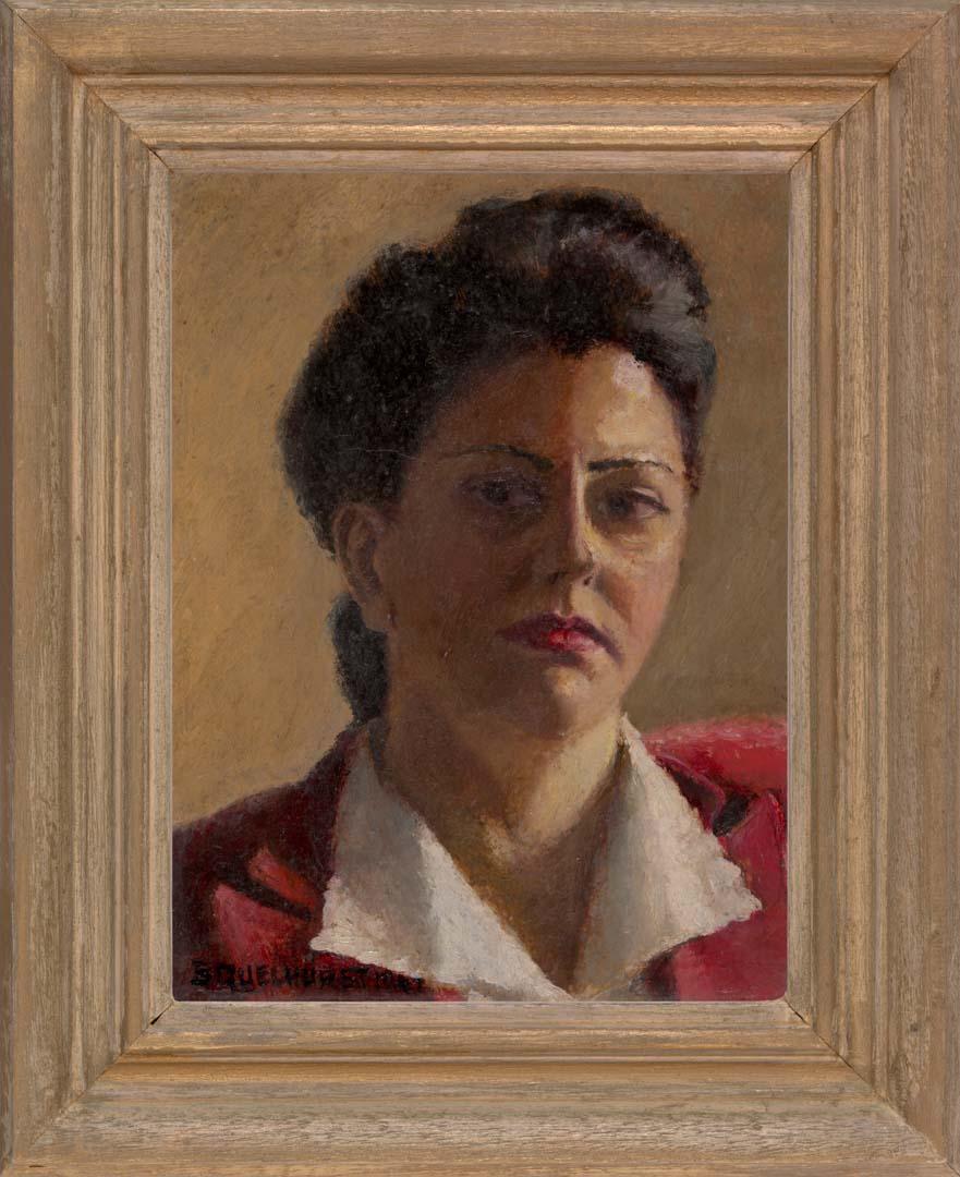 Artwork The red coat (self portrait) this artwork made of Oil on board, created in 1947-01-01