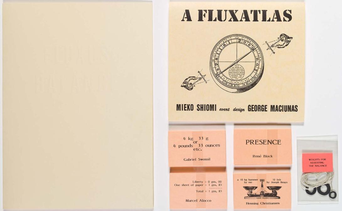 Artwork Fluxus balance (portfolio) this artwork made of Offset printed material including a diagram, packs of cards and a fluxatlas, with a bag of weights and string, created in 1993-01-01