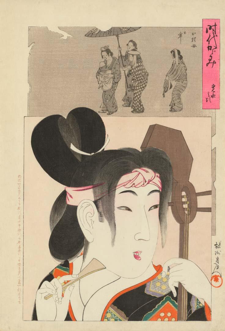 Artwork Beauty of the Kanei era (1624-44) (from 'Mirror of the ages' series) this artwork made of Colour woodblock print on paper, created in 1897-01-01