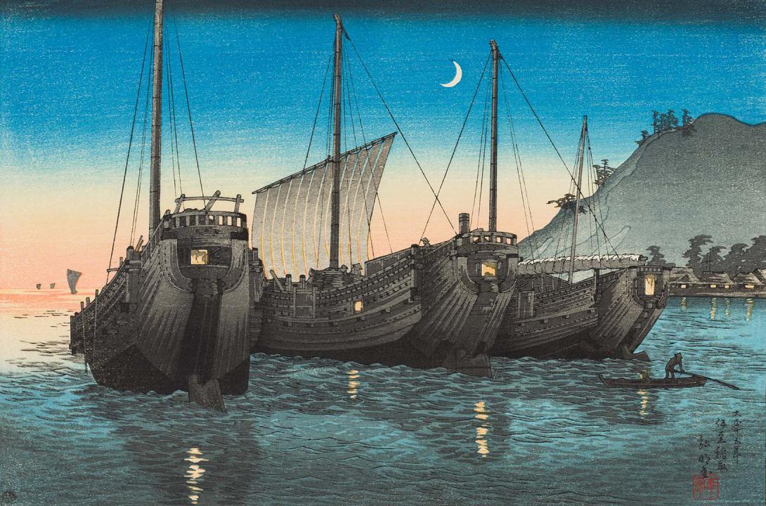 Artwork Trading vessels at anchor, Inatori Harbour, Izu Province this artwork made of Colour woodblock print on paper, created in 1925-01-01