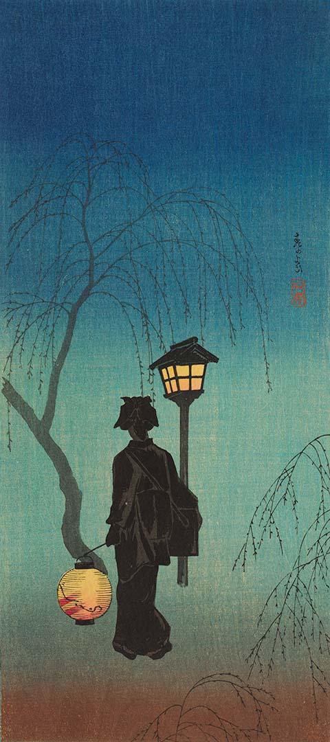 Artwork Willow and lantern and lady in spring evening this artwork made of Colour woodblock print on paper, created in 1915-01-01