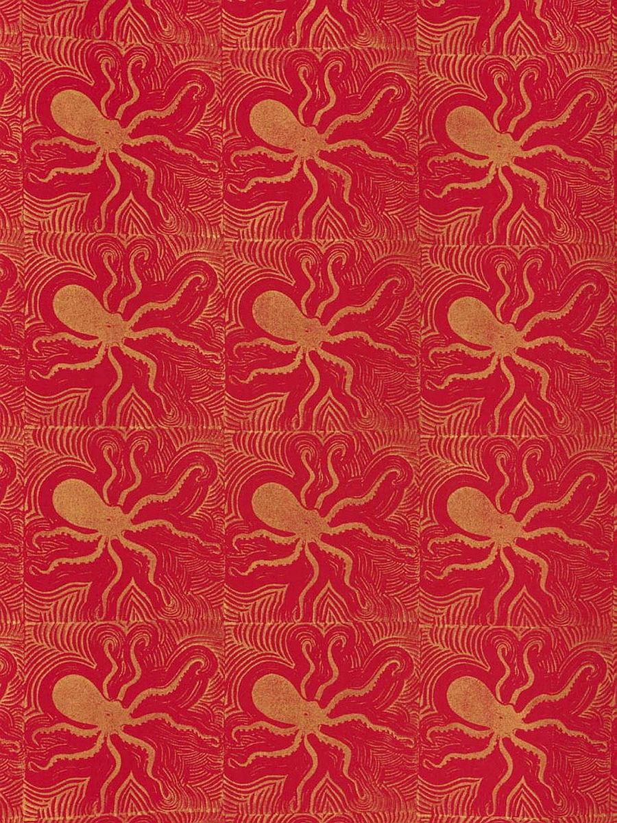 Artwork Textile length:  Sugu (octopus) this artwork made of Red commercial cotton fabric, block printed in gold, created in 1996-01-01