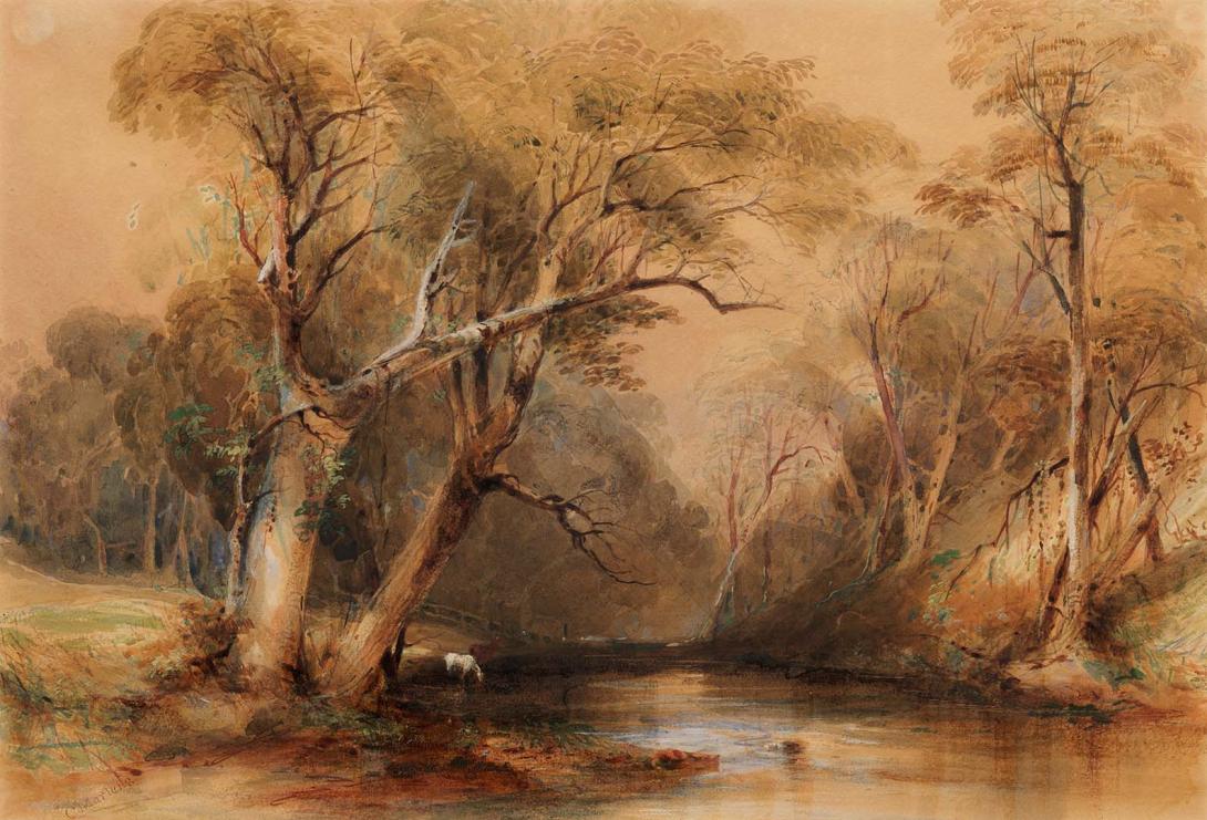 Artwork Crossing place, Canning Downs this artwork made of Watercolour on paper, created in 1854-01-01