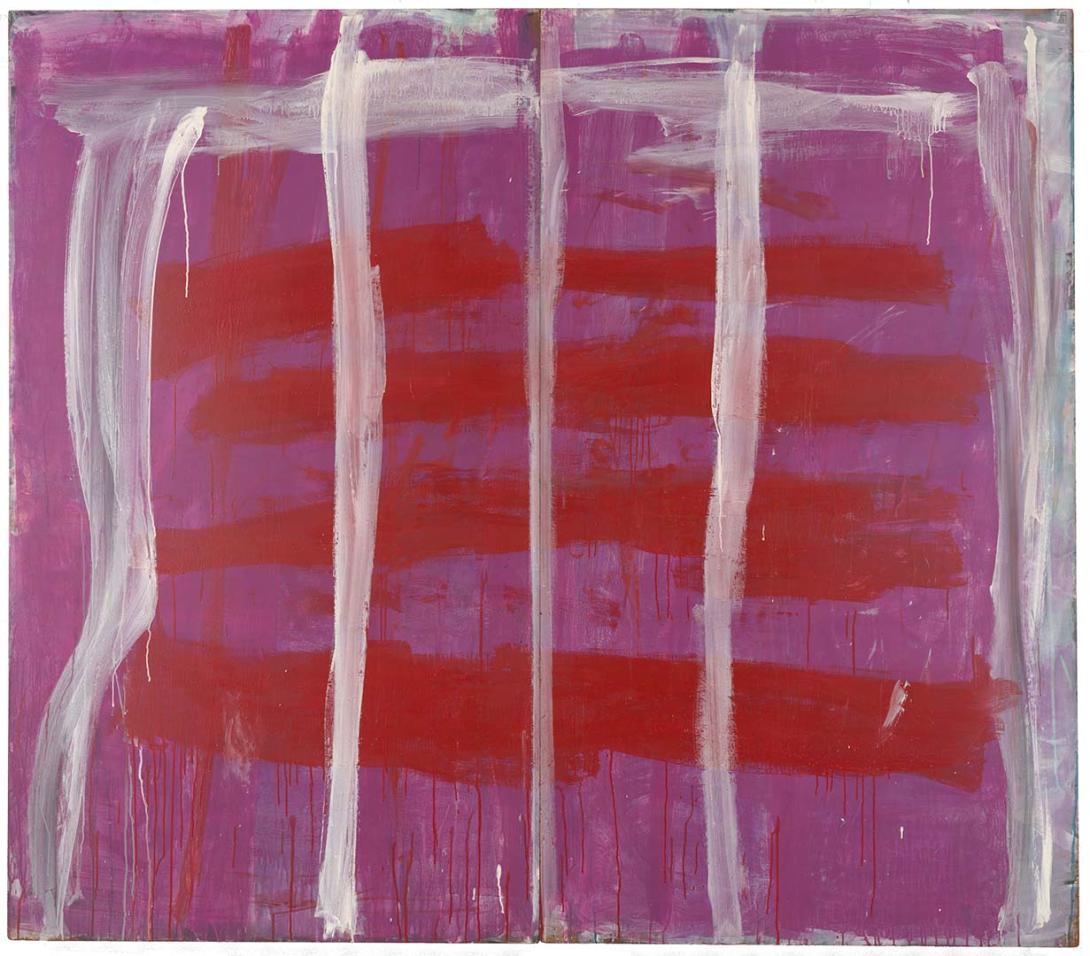 Artwork Pink lines (vertical) on red and purple this artwork made of Synthetic polymer paint