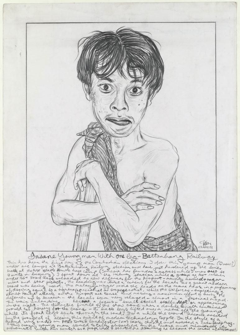 Artwork The insane young man with one leg, 1993 (Cambodia) this artwork made of Pencil on paper, created in 1993-01-01