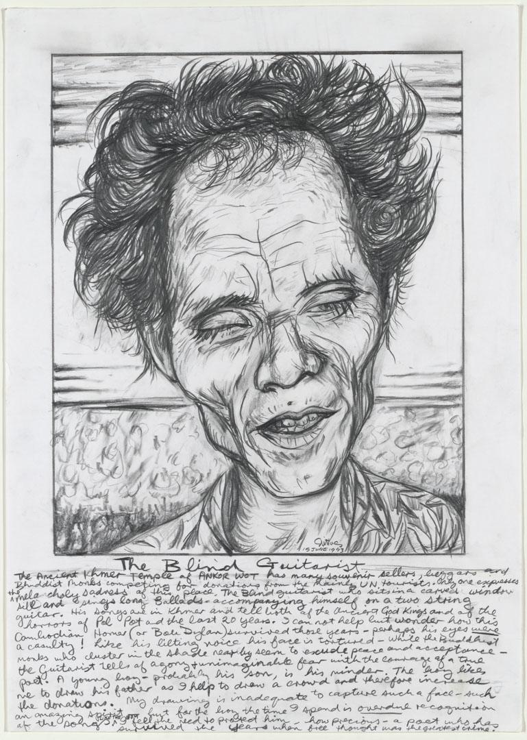 Artwork The blind guitarist, 1993 (Cambodia) this artwork made of Pencil on paper, created in 1993-01-01