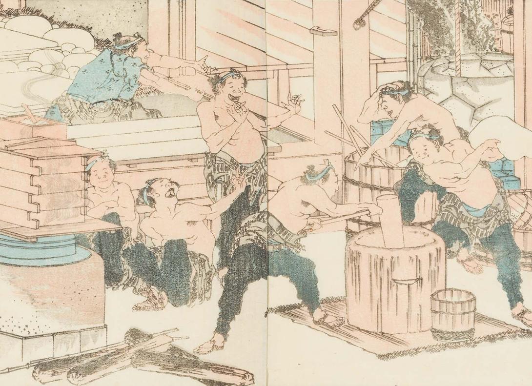 Artwork Making "mochi" (rice dumplings) (from 'Hokusai Gafu' (A Hokusai album)) this artwork made of Colour woodblock print on paper, created in 1849-01-01