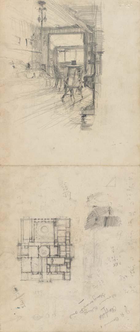 Artwork Interior with cane chair, Women's College; Building plan this artwork made of Pencil on paper, created in 1912-01-01