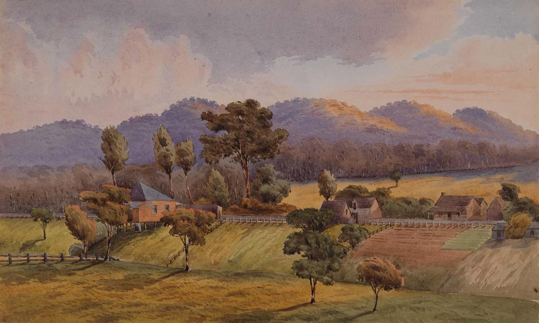 Artwork (Settlement with hills) this artwork made of Watercolour over pencil on paper, created in 1884-01-01