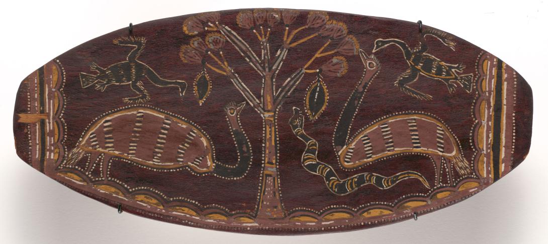 Artwork (Emu, snake and birds) this artwork made of Natural pigments on bark, created in 1965-01-01