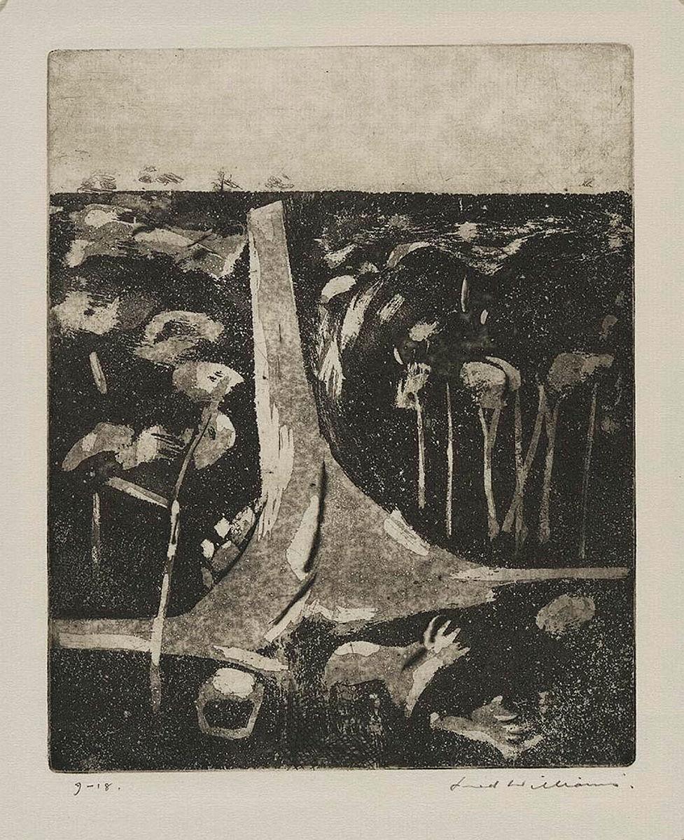 Artwork Landscape with steep road this artwork made of Aquatint, etching, drypoint, engraving on grey Ingres paper, created in 1959-01-01
