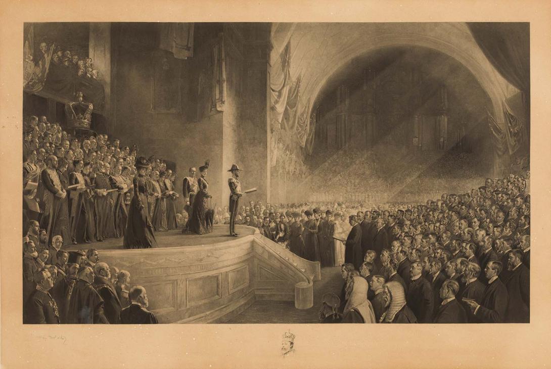 Artwork Opening of First Parliament of Australia 9-5-1901 by H.R.H. Duke of York this artwork made of Steel engraving on paper, created in 1901-01-01