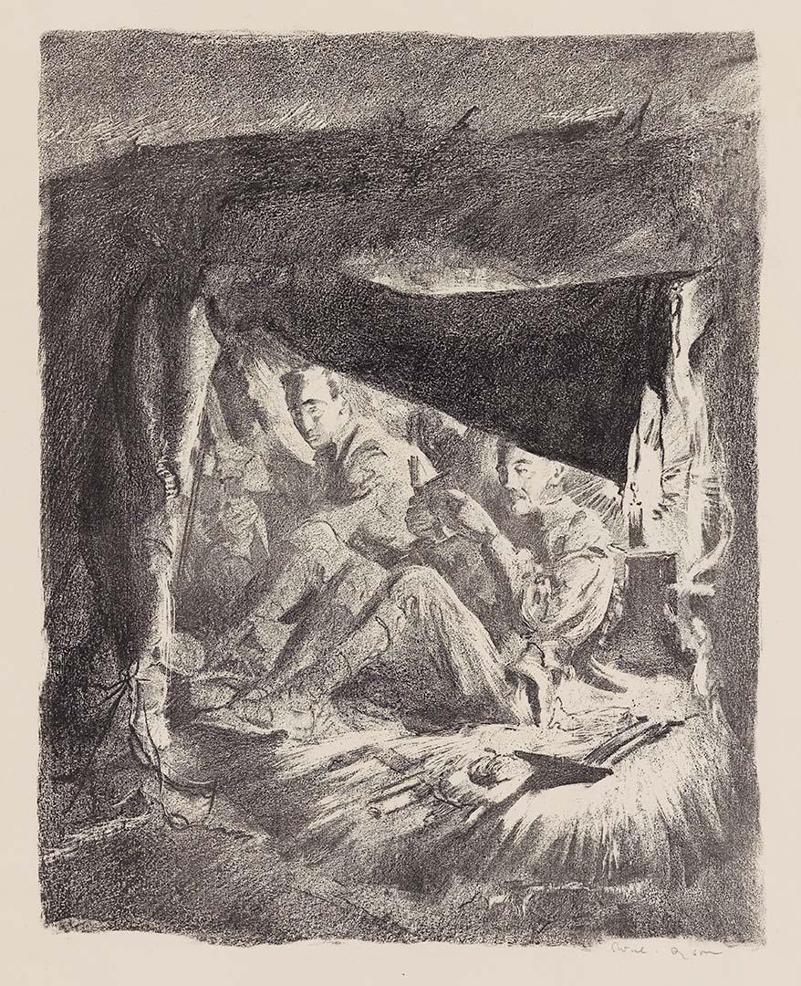 Artwork A funk-hole near Bullecourt (from 'Australia at war' series) this artwork made of Lithograph on paper, created in 1917-01-01