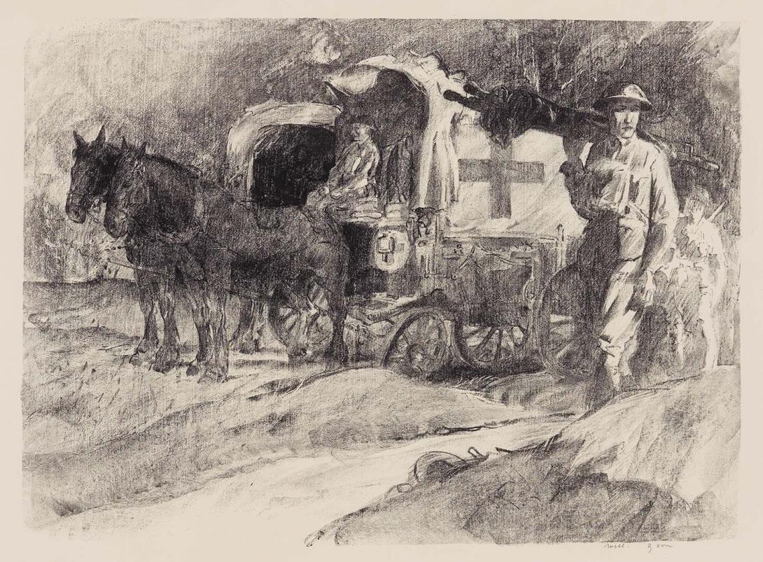 Artwork The waggon-loading post, Vaux (from 'Australia at war' series) this artwork made of Lithograph on paper, created in 1917-01-01