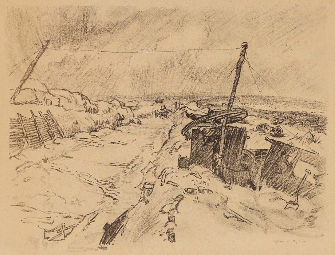 Artwork The Old Flers Road (from 'Australia at war' series) this artwork made of Lithograph on paper, created in 1917-01-01