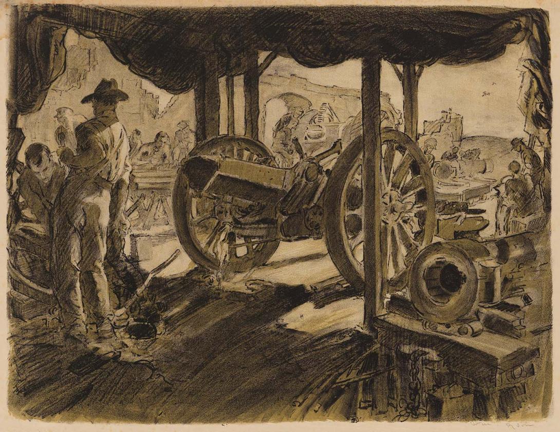 Artwork Ordnance workshops, Cambrai Road (from 'Australia at war' series) this artwork made of Colour lithograph on paper, created in 1917-01-01
