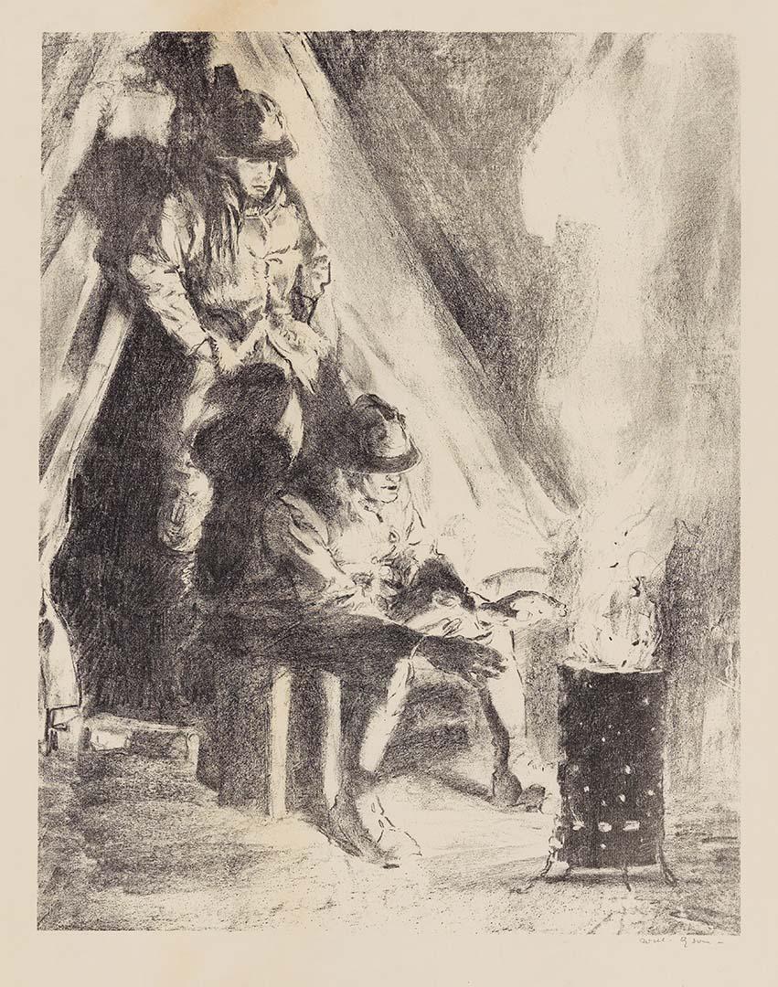 Artwork Preparing the brazier (from 'Australia at war' series) this artwork made of Lithograph on paper, created in 1917-01-01