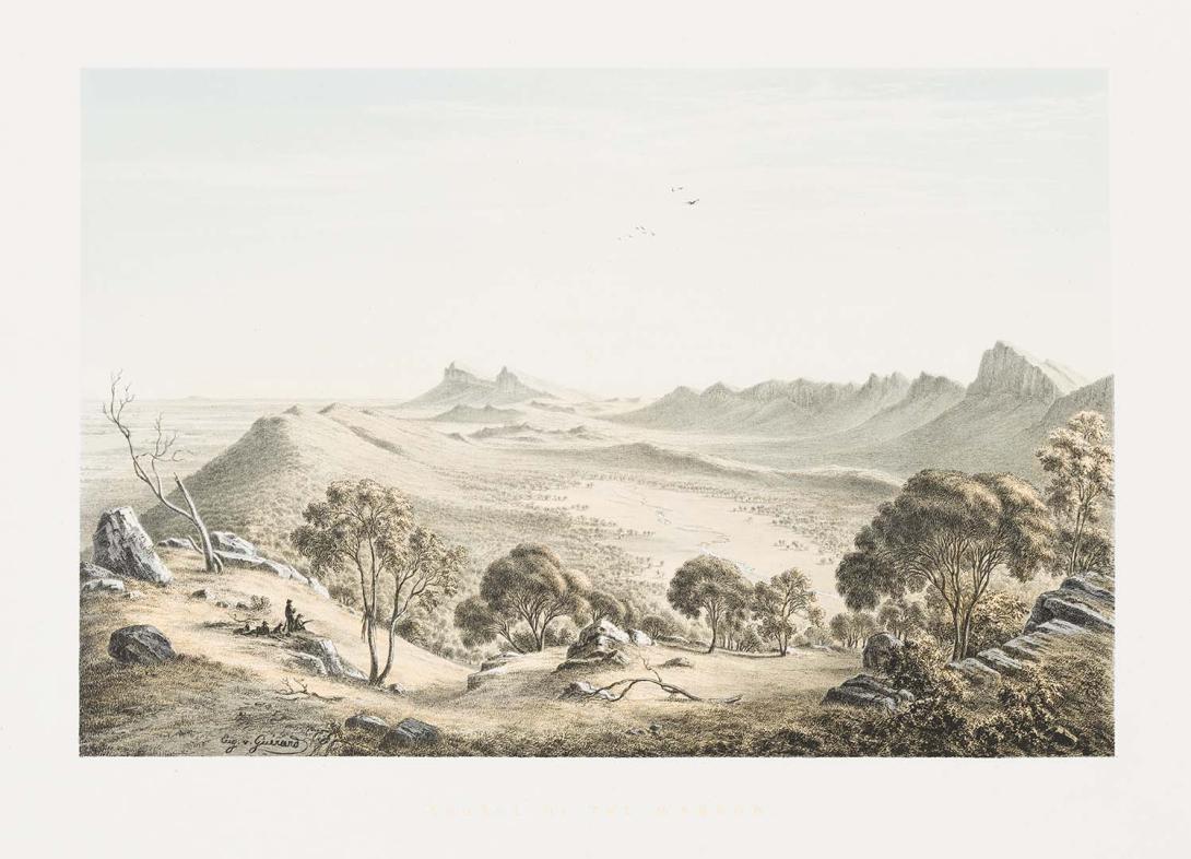 Artwork The sources of the River Wannon (plate I from 'Australian landscapes' portfolio) this artwork made of Colour lithograph on smooth wove paper, created in 1866-01-01