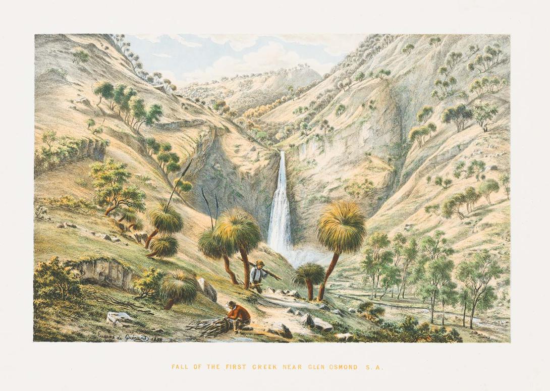 Artwork Fall of the first creek, near Glen Osmond, South Australia (plate III from 'Australian landscapes' portfolio) this artwork made of Colour lithograph on smooth wove paper, created in 1866-01-01